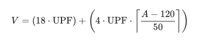 19 x UPF + 9 x UPF x floor((area-100)/120) + 2 x UPF x ceil((area - 120) / 50)